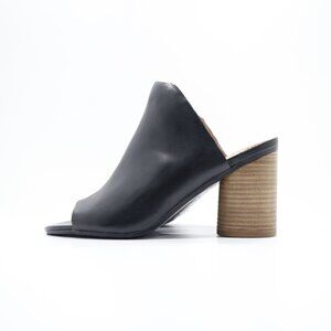 Lucca Lane Hilarie Black Leather 3.5" Block Heel Peep Toe Sandals - 8